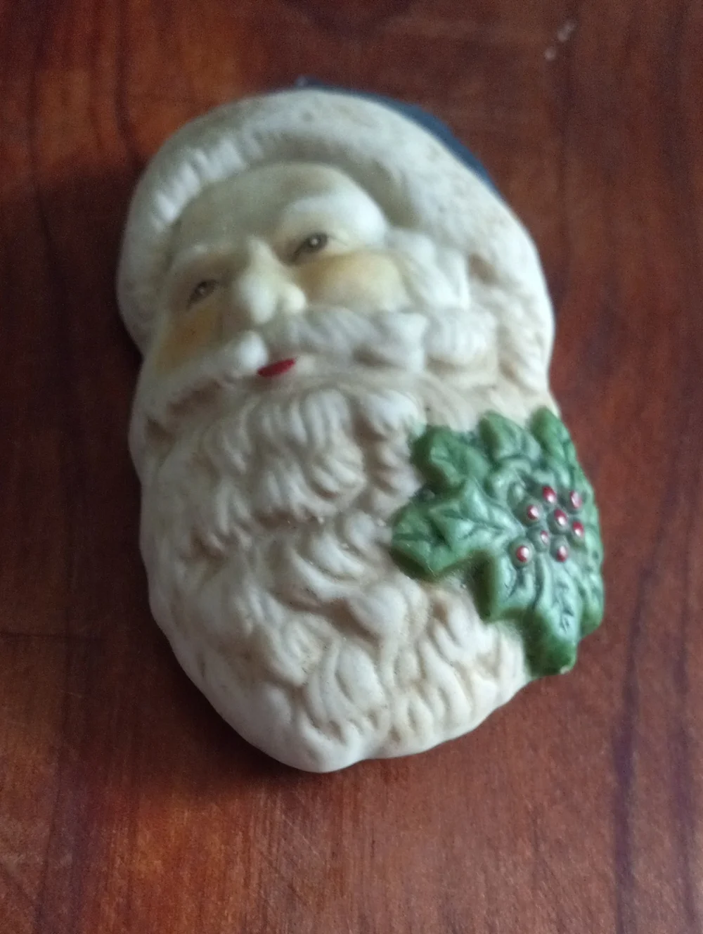 Vtg Santa Claus Ceramic Ornament Blue Hat Holly Accent